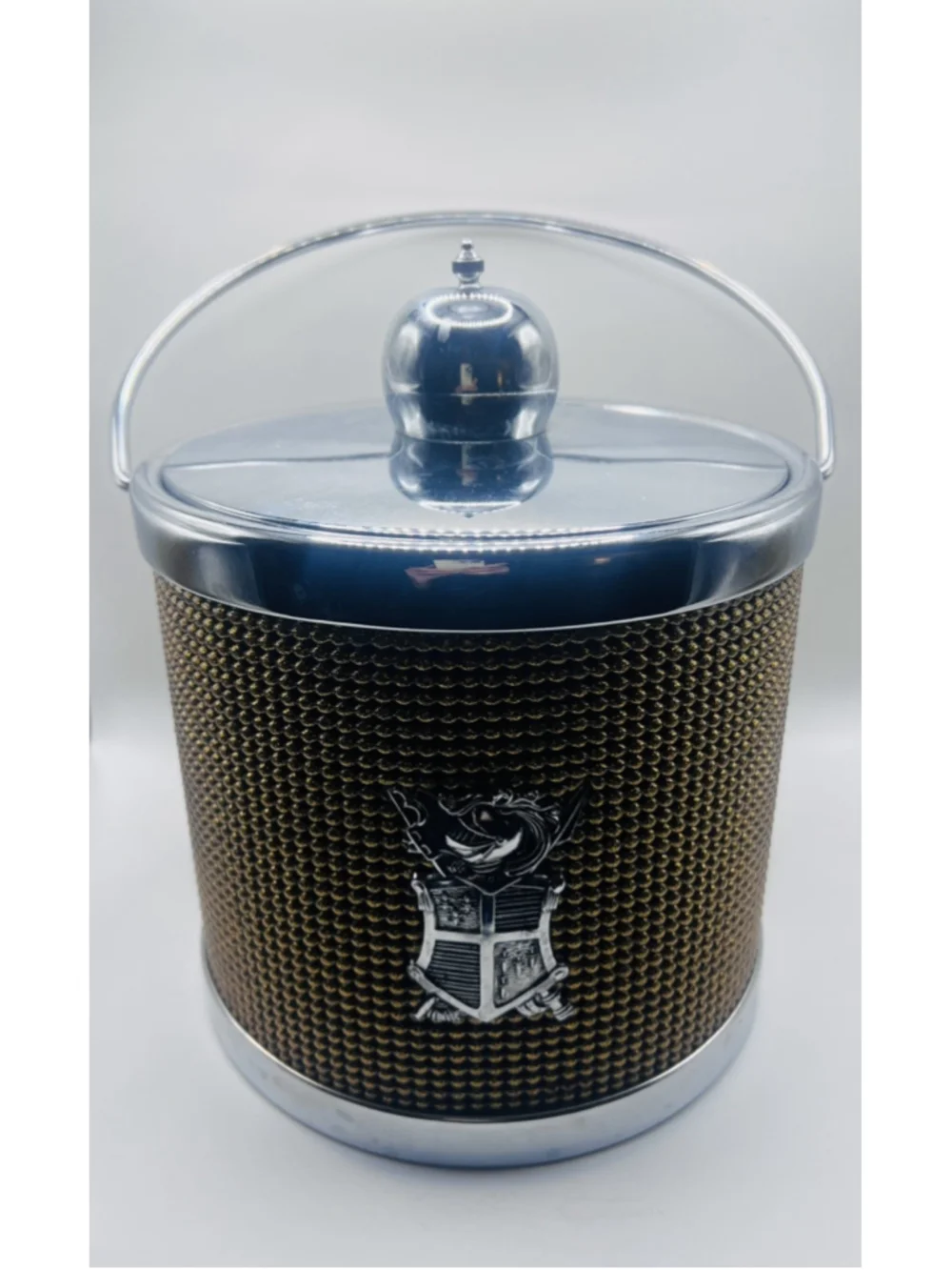 Vintage Chrome MCM Ice Bucket Bronze Silver Beaded Crest Shield w/ Lid & Handle